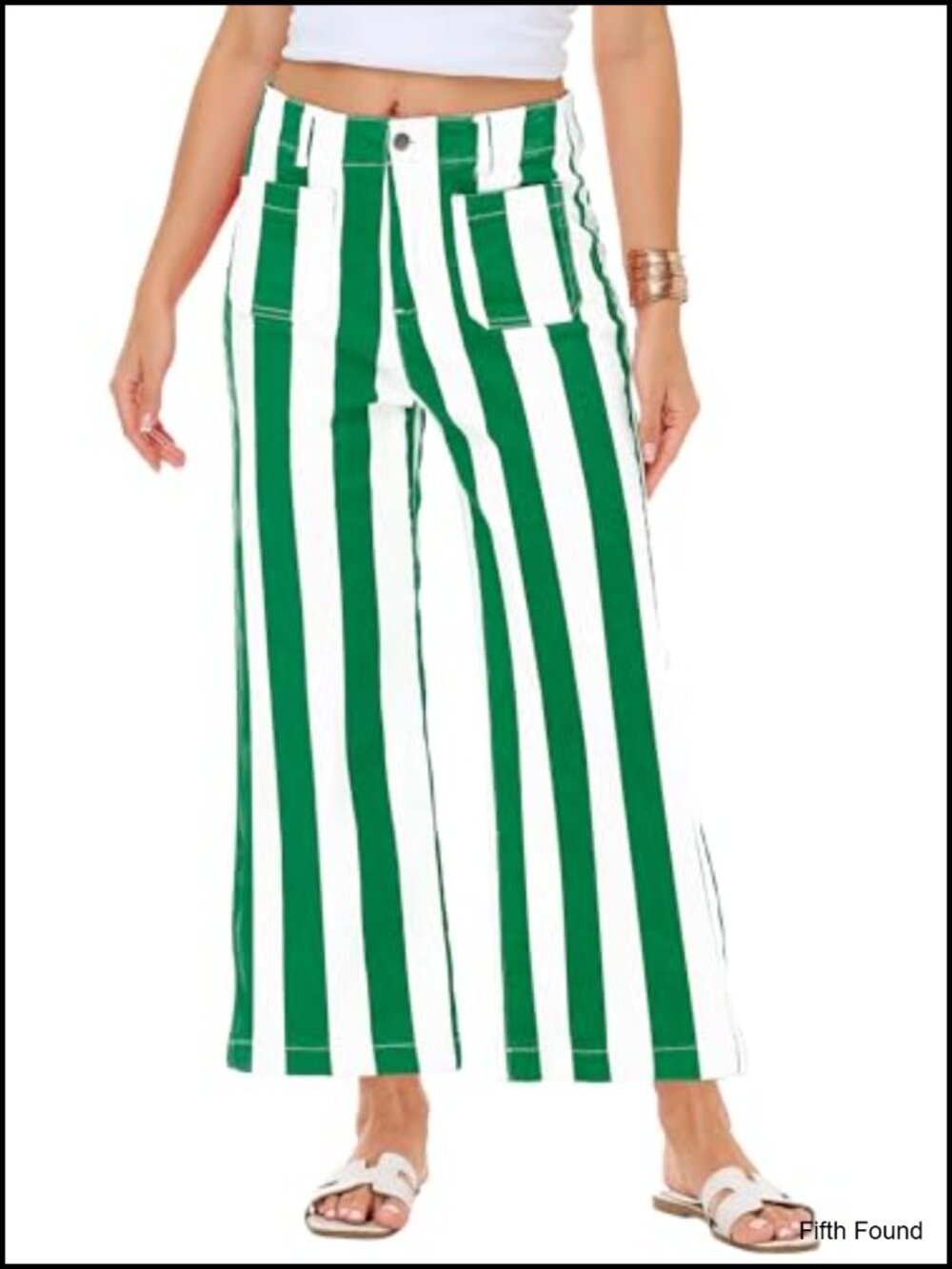 Womens High Waist Wide Leg Cropped Stretchy Striped Jeans with Pockets